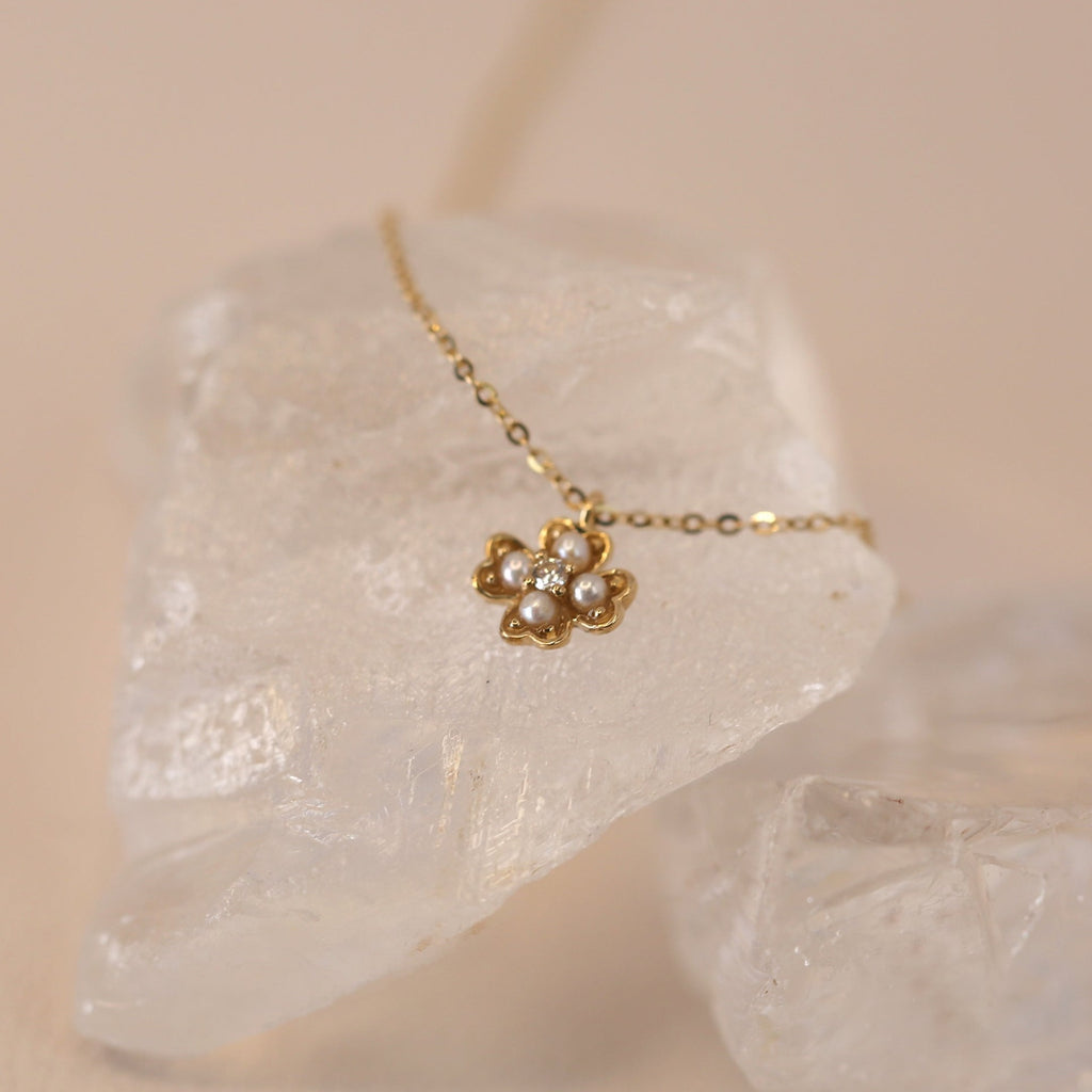 Clover Pearl Diamond Necklace Solid 14K Gold