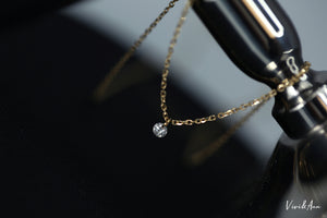 Floating Solitaire Round Brilliant Cut Drilled Diamond Necklace Solid 14K Gold