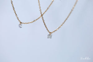 Floating Solitaire Princess Cut Drilled Diamond Necklace Solid 14K Gold