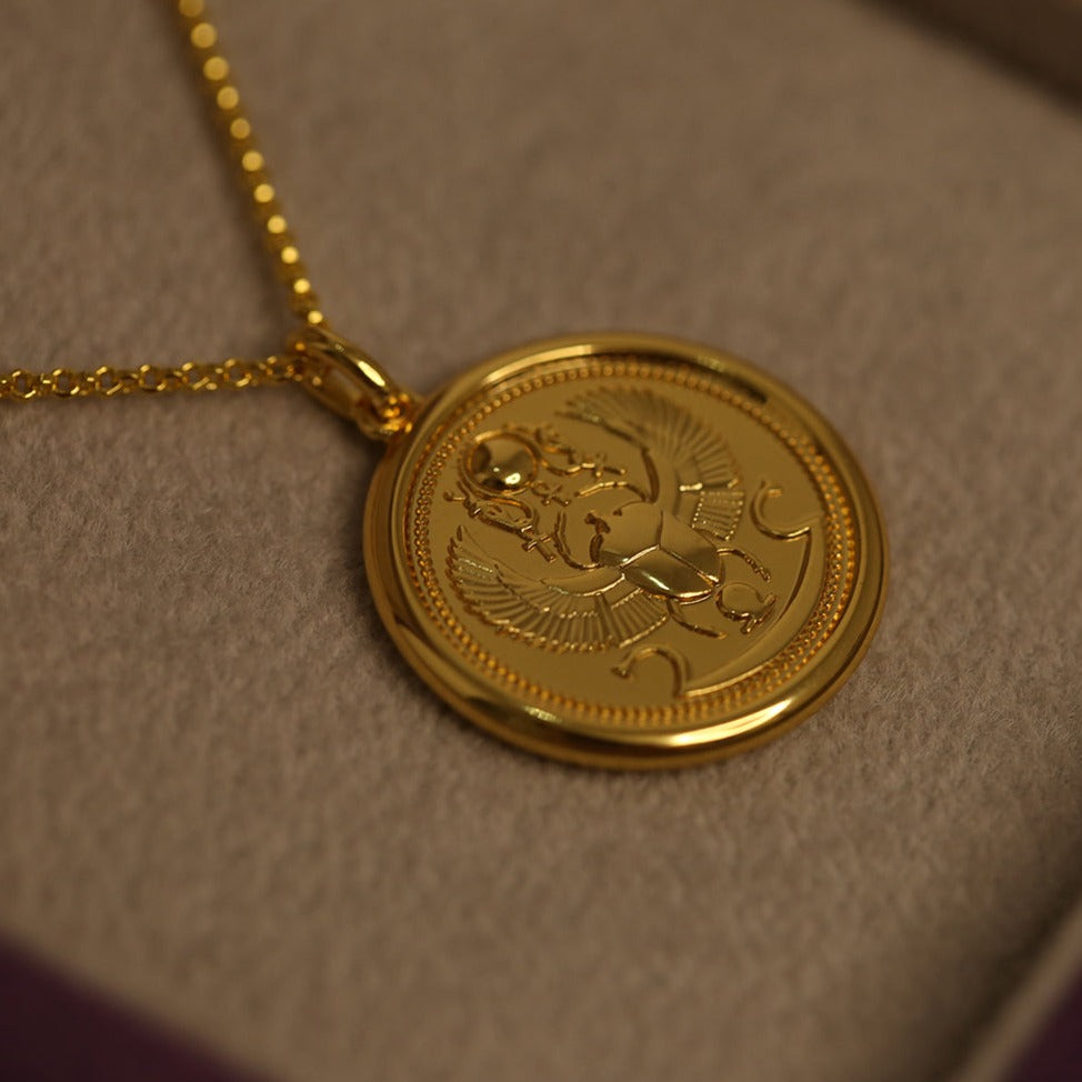 Signature Egyptian Revival Scarab Gold Coin Necklace