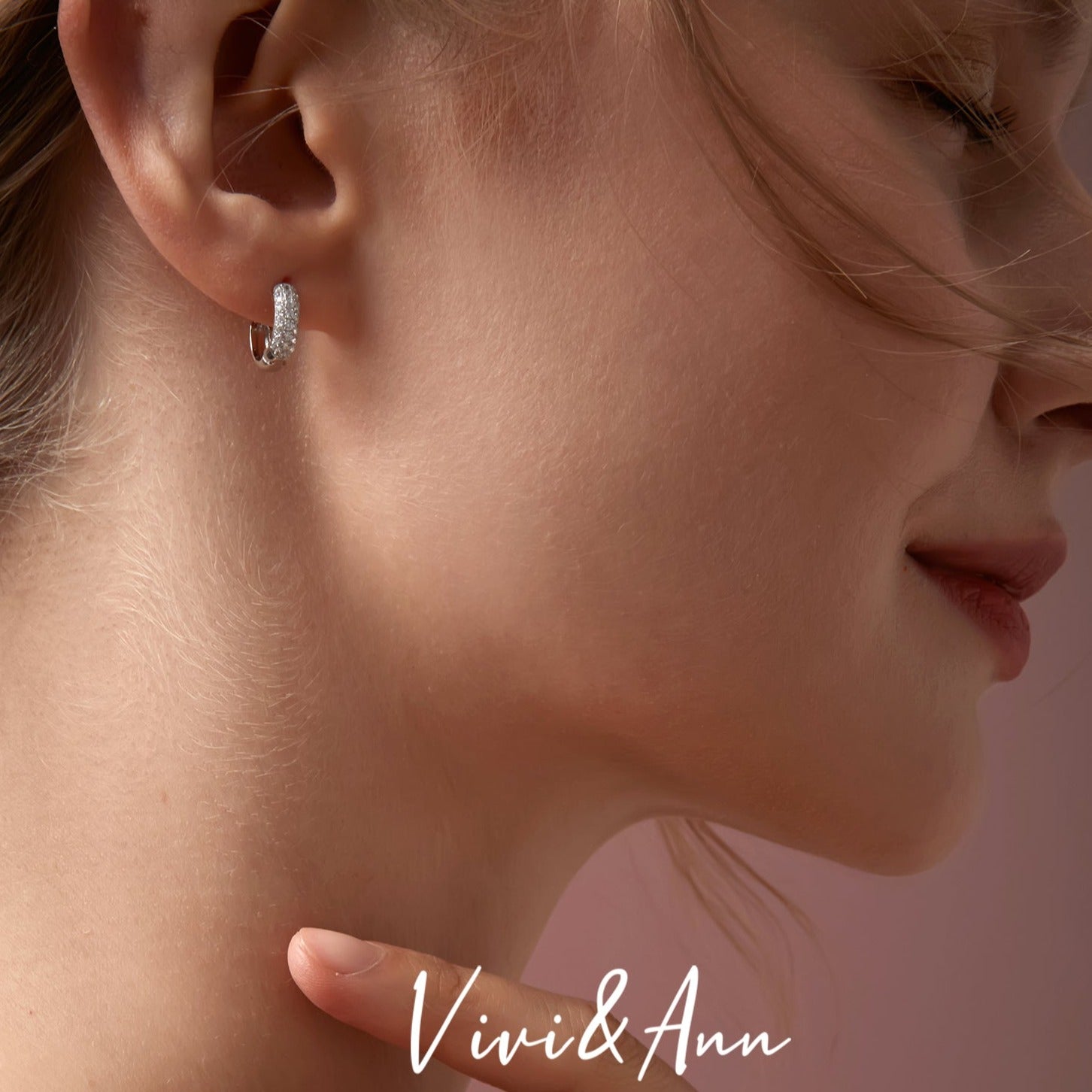 thumbnail image 2 of Tsv Jewelers Small Round Iced CZ Huggie Hoop Earrings – White Gold Plated Sterling Silver, 8mm 2 of 5